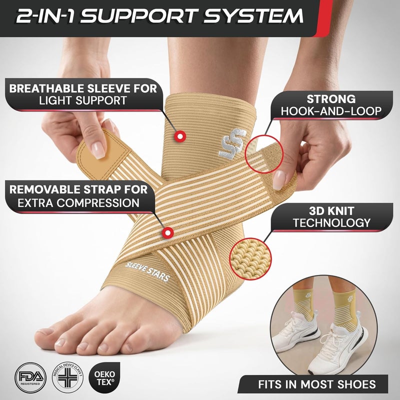 Sleeve Stars Ankle Brace for Men and Women - Compression Sleeve for Sprained Ankle and Plantar Fasciitis Relief with Adjustable Strap (Medium, Beige) - Image 3