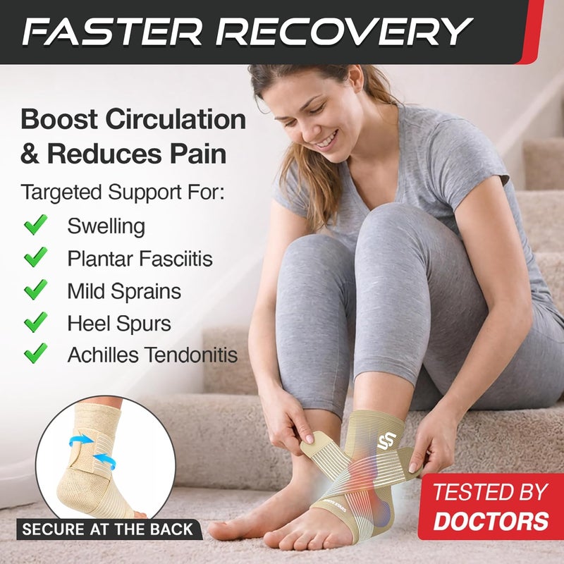 Sleeve Stars Ankle Brace for Men and Women - Compression Sleeve for Sprained Ankle and Plantar Fasciitis Relief with Adjustable Strap (Medium, Beige) - Image 2