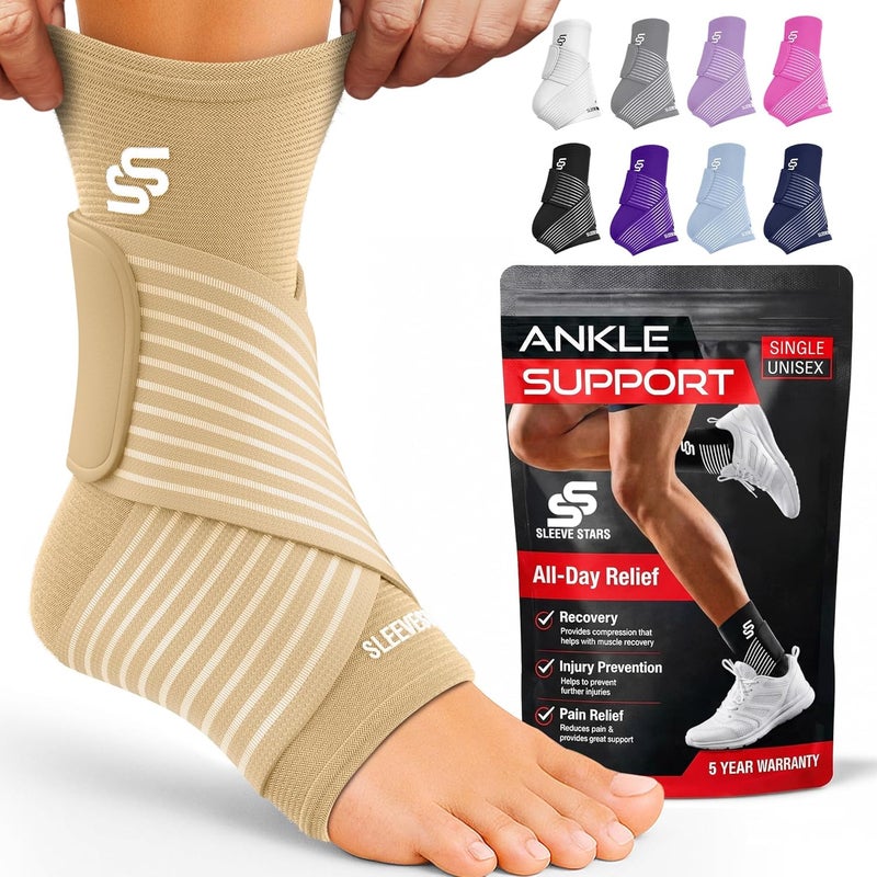 Sleeve Stars Ankle Brace for Men and Women - Compression Sleeve for Sprained Ankle and Plantar Fasciitis Relief with Adjustable Strap (Medium, Beige) - Image 1