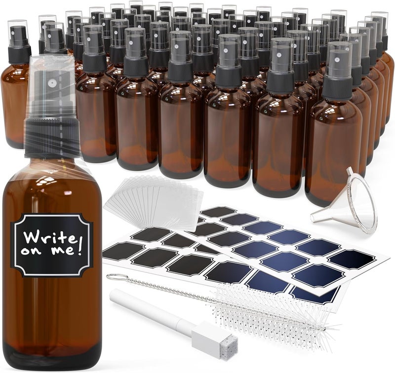 Nevlers 4 Oz Amber Glass Spray Bottles 48 Pack Small Spray Bottle For Use as Travel Cologne Sprayer Travel Perfume Bottle More 118 mL Small Glass Bottles wShrink Wrap Funnel Brush Labels