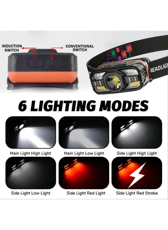 LED USB Rechargeable Motion Sensing Headlamp 6 Lighting Modes Adjustable Head Light - Image 5