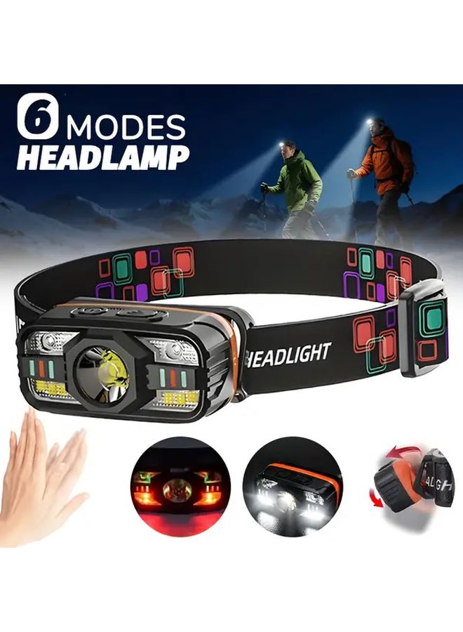 LED USB Rechargeable Motion Sensing Headlamp 6 Lighting Modes Adjustable Head Light - Image 2