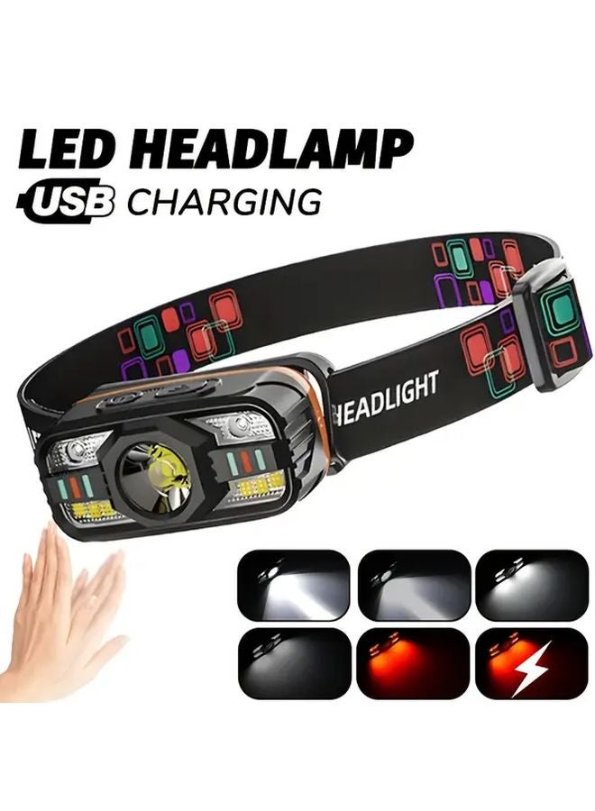 LED USB Rechargeable Motion Sensing Headlamp 6 Lighting Modes Adjustable Head Light - Image 3