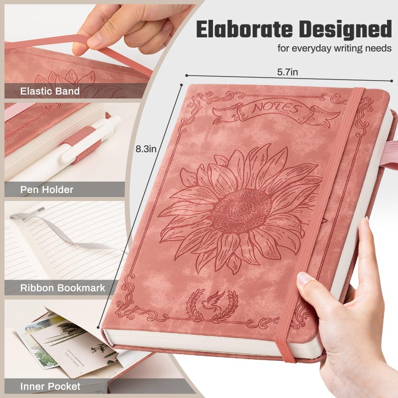 Ovesmusl Sunflower Journal for Girls Women Journals for Writing 100GSM College Ruled A5 Leather Notebook for Girls Ages 8-12 Flower Diary with Heart-Shaped Shadow, 5.7" x 8.3", Pink - Image 3