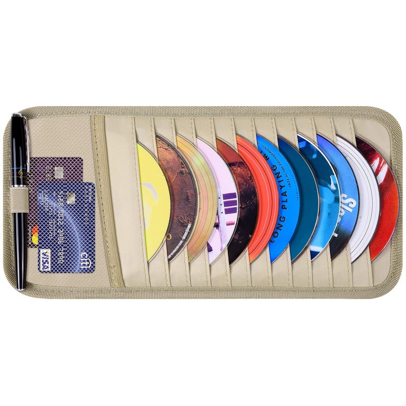 Wisdompro Car CD Case Holder Wisdompro Vehicle Sun Visor Organizer for Cars with 12 DVD Storage Sleeves 1 Mesh Pocket 1 Pen Holder and Elastic Strap Khaki
