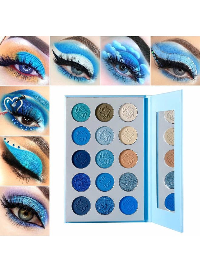 DE'LANCI Space Blue Eyeshadow Palette 15 Color Cosmetics Pressed Pigment Christmas Snowflake Eye Shadow Pallete Matte Shimmer Glitter Drama Makeup Eye Shadow Powder Long Lasting Blue Makeup Pallet - Image 2