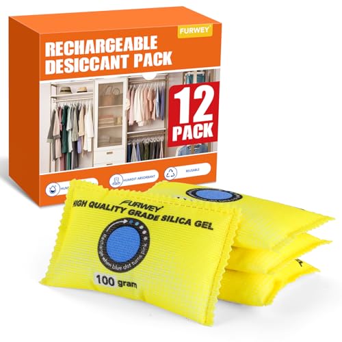 FURWEY 100g (12 Packs) Rechargeable Desiccant Packs for Storage, Color Indicating Silica Gel Desiccant Packets, Moisture absorbers for storage,Dehumidifier bag for Closets,Cars,Storage Bins - Image 1