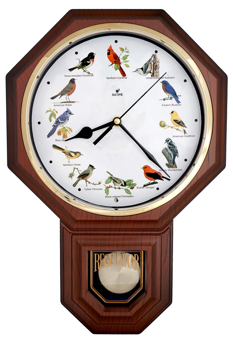 JUSTIME Unique 12 Northern Cardinal Birds Song Schoolhouse Pendulum Wall Clock Chimes Every Hour Melody Sweep Silent Movement TCBDPPRBDW Wood Grain