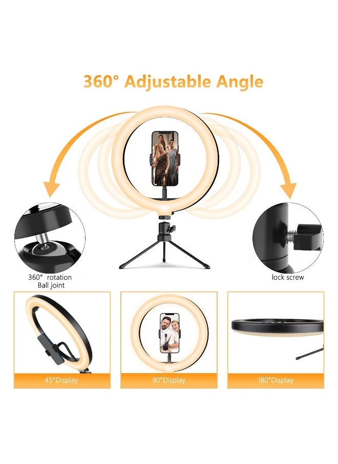 10.2'' Dimmable Selfie Ring Light with Adjustable Stand and Phone Holder, LED Circle Light with 3 Color Modes (3500K-6500K) and 10 Brightness Levels for TikTok, Live Streaming, and Makeup.