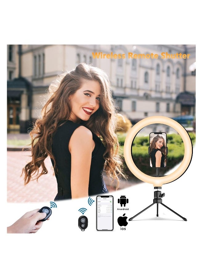 10.2'' Dimmable Selfie Ring Light with Adjustable Stand and Phone Holder, LED Circle Light with 3 Color Modes (3500K-6500K) and 10 Brightness Levels for TikTok, Live Streaming, and Makeup.