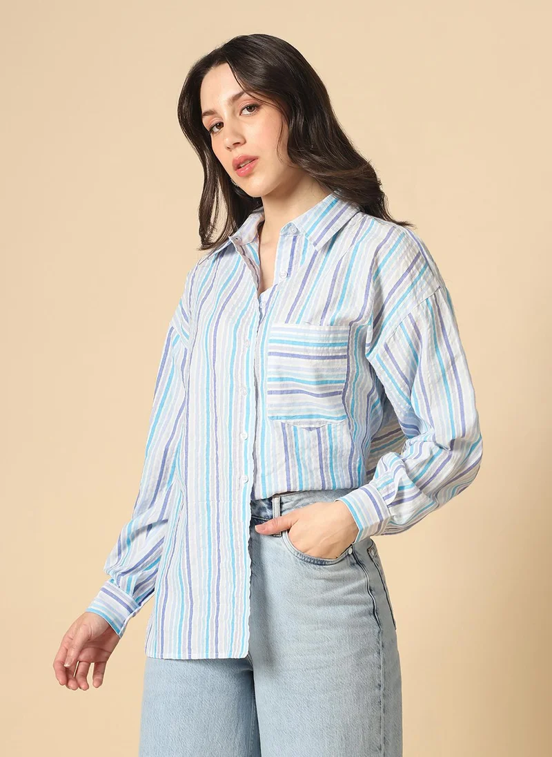 globus Globus Women Blue Collared Neck Cuffed Sleeves Multi Stripes Patch Pocket Curved Hem Oversized Workwear Shirt