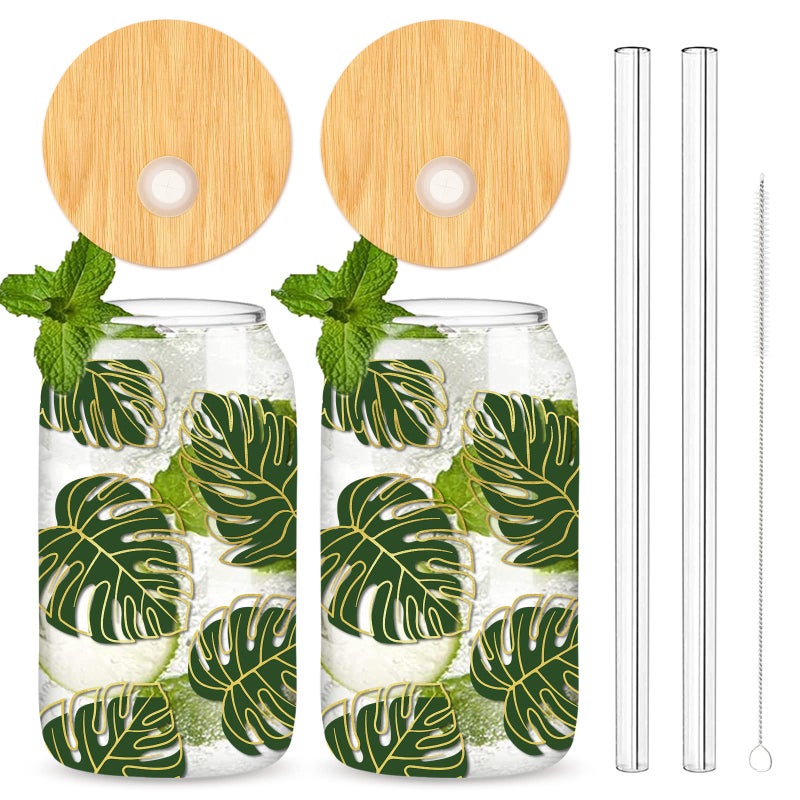 Whaline Summer Drinking Glasses with Bamboo Lids and Straws 2Pcs Gold Line Monstera Iced Coffee Cups Gold Line Plant Beer Glasses Can for Summer Holiday Travel Office Home Gift