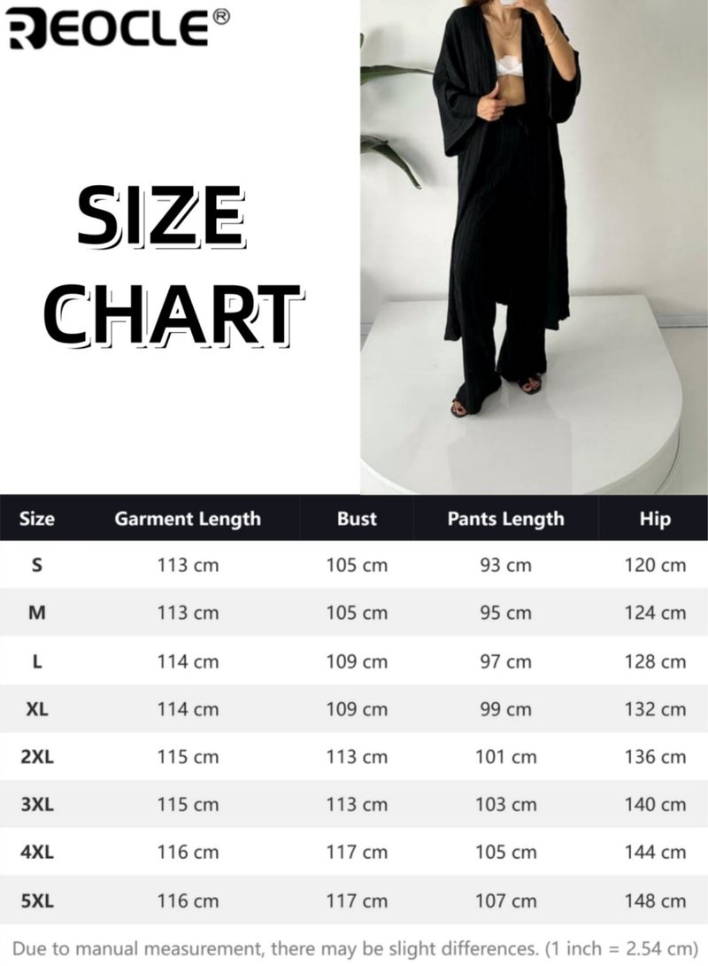 REOCLE 2PCS Women's Ribbed Knit Kimono Cardigan Loungewear Set Oversized& Wide Leg Pants Two-Piece Outfit Loose Fit Comfortable Loungewear for Home& Casual Outings - Image 3
