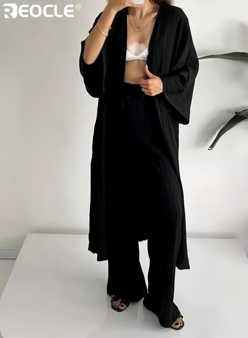 REOCLE 2PCS Women's Ribbed Knit Kimono Cardigan Loungewear Set Oversized& Wide Leg Pants Two-Piece Outfit Loose Fit Comfortable Loungewear for Home& Casual Outings - Image 1