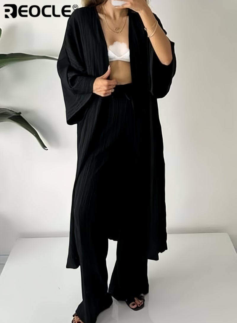 REOCLE 2PCS Women's Ribbed Knit Kimono Cardigan Loungewear Set Oversized& Wide Leg Pants Two-Piece Outfit Loose Fit Comfortable Loungewear for Home& Casual Outings - Image 2