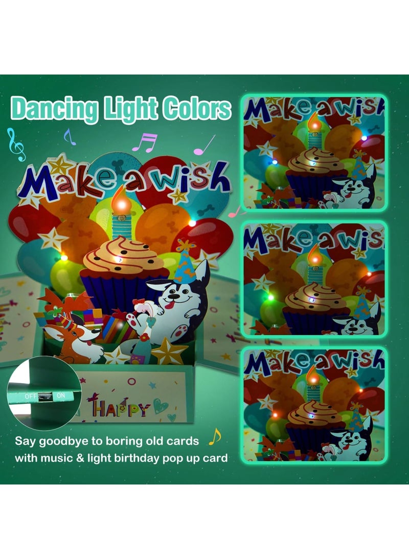 SYOSI Musical Birthday Cards - Music and Light & Blowable Candle Singing Pop-Up Happy Birthday Cards with Envelope, Blank Insert, for Kids Girls Sister (Cute Dogs, Make a Wish) - Image 2