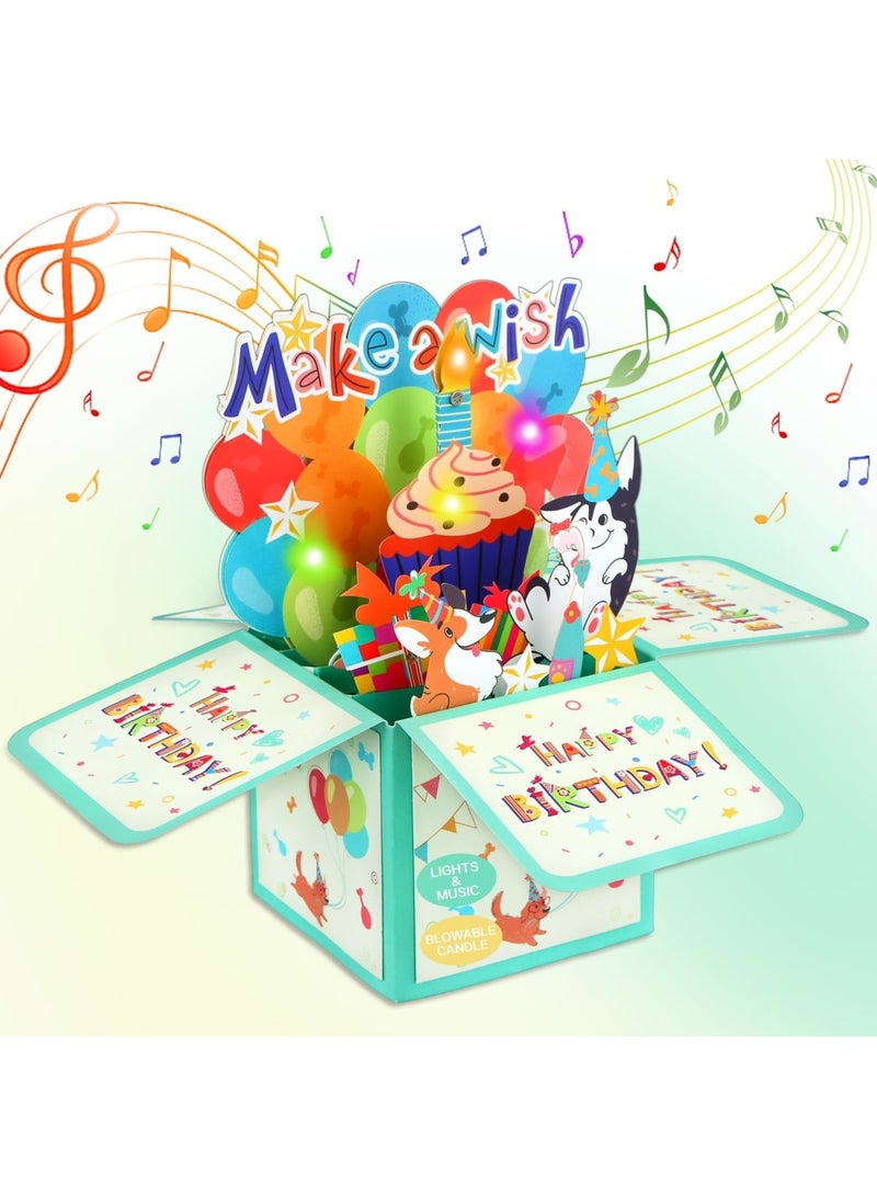 SYOSI Musical Birthday Cards - Music and Light & Blowable Candle Singing Pop-Up Happy Birthday Cards with Envelope, Blank Insert, for Kids Girls Sister (Cute Dogs, Make a Wish) - Image 1