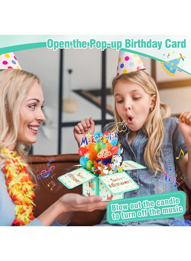 SYOSI Musical Birthday Cards - Music and Light & Blowable Candle Singing Pop-Up Happy Birthday Cards with Envelope, Blank Insert, for Kids Girls Sister (Cute Dogs, Make a Wish) - Image 3