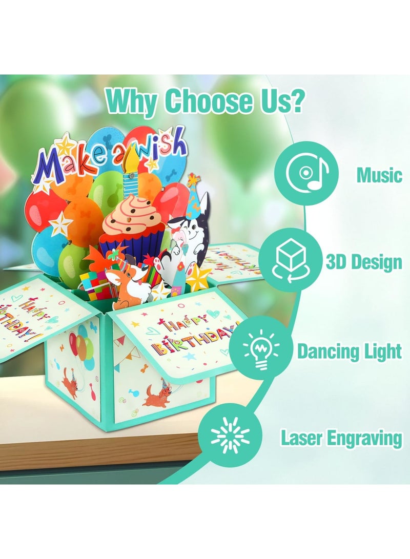 SYOSI Musical Birthday Cards - Music and Light & Blowable Candle Singing Pop-Up Happy Birthday Cards with Envelope, Blank Insert, for Kids Girls Sister (Cute Dogs, Make a Wish) - Image 4