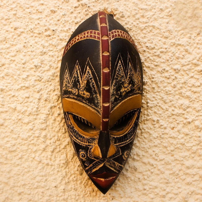 NOVICA Light Brown Handcrafted Nigerian Wood Wall Mask with Aluminum Accents Kings Companion - Image 2