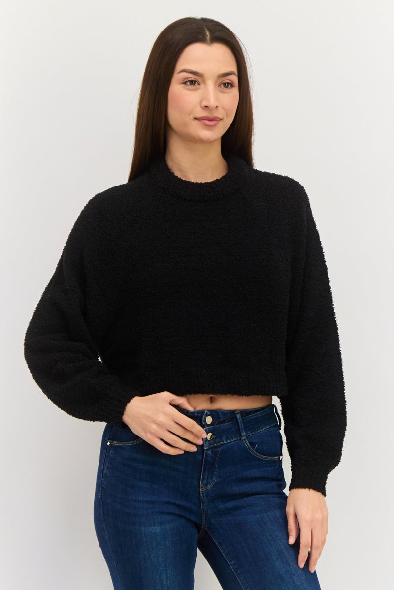 NIA Women Crew Neck Knitted Sweater, Black - Image 1