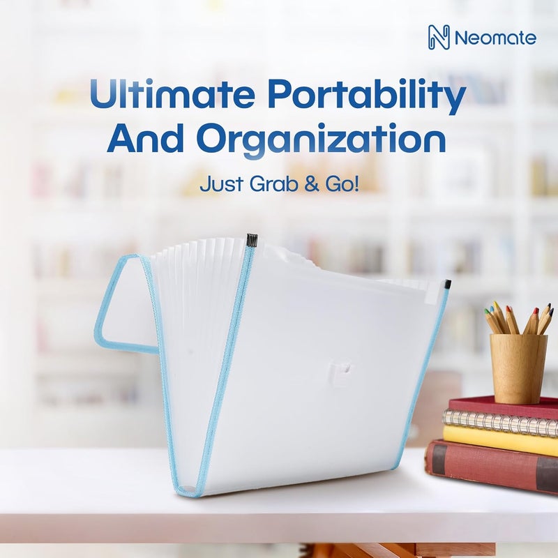 Neomate Expanding File Folder with Handle | 13-Pocket A4/FS Size Document and Certificate Organizer | Transparent Accordion Folder | Blue - Image 2