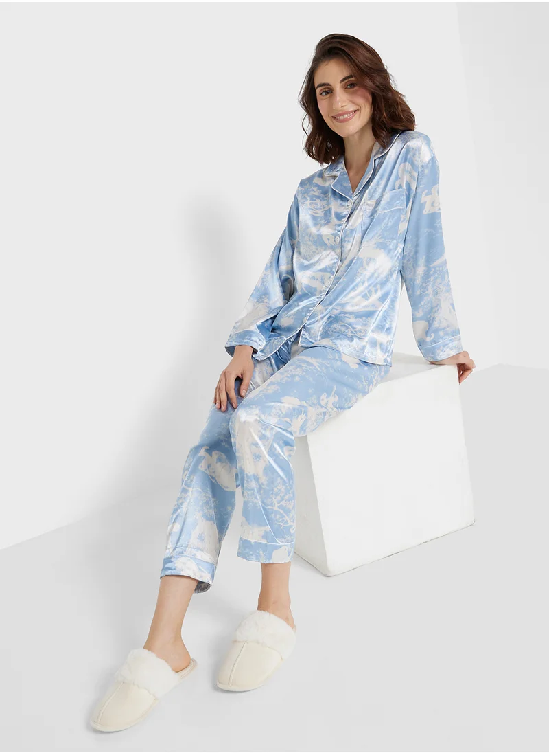 جينجر Satin Printed Shirt & Pyjama Set