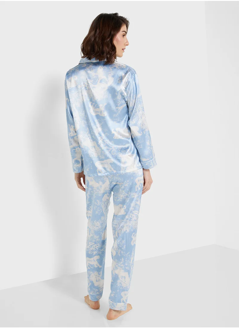 جينجر Satin Printed Shirt & Pyjama Set