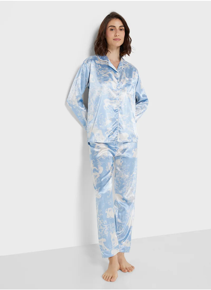 Ginger Satin Printed Shirt & Pyjama Set