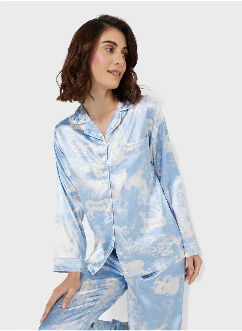 Ginger Satin Printed Shirt & Pyjama Set