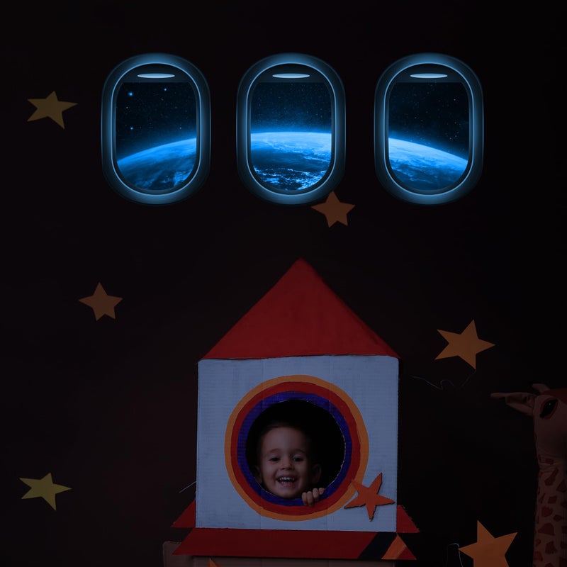 Robmoda Glow in The Dark 3D Space Wall Decals, Set of 3 Galaxy Window Stickers for Wall, Space Themed Room Decor for Kids Boys (Blue) - Image 2