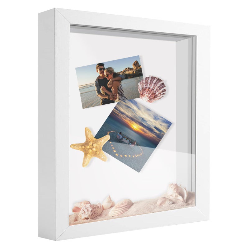 SUNMEG 8x10 Shadow Box Frame Display Case Wood with Plexiglass Display Case Box for Memorabilia Medal CraftsTickets and Photos Picture Frame for Wall and Tabletop White 8x10