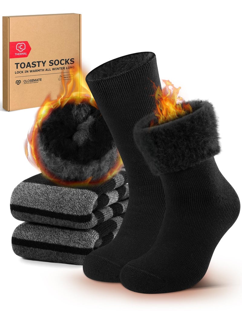 CLOSEMATE Mens Winter Thermal Socks Thick Warm Soft Comfortable Moisture Wicking for Cold Weather & Casual Wear(1Black1Black-Grey Stripes,L) - Image 1