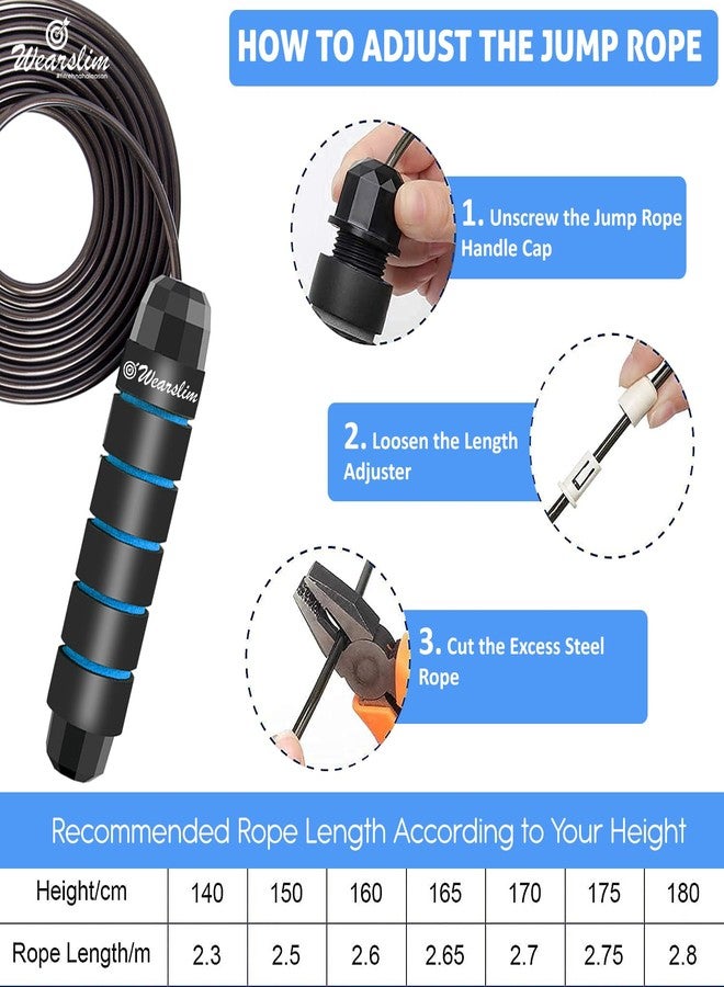 وير سليم حبل قفز احترافي من Wearslim للرجال والنساء مزود بمحامل كروية، كابل قفز سريع الوزن، ومقابض من إسفنج الذاكرة بطول 6 بوصات، حبل قفز للأطفال مقاوم للتشابك - أسود وأزرق - Image 5