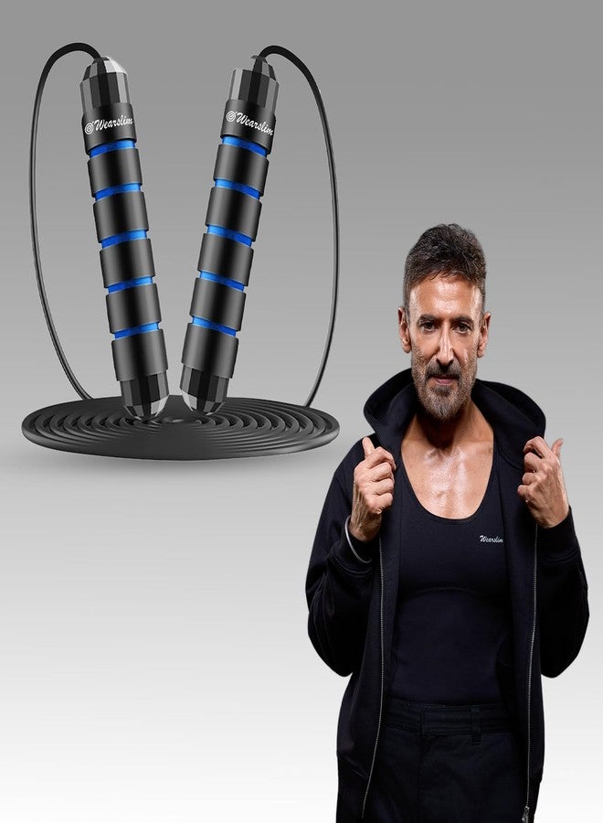 وير سليم حبل قفز احترافي من Wearslim للرجال والنساء مزود بمحامل كروية، كابل قفز سريع الوزن، ومقابض من إسفنج الذاكرة بطول 6 بوصات، حبل قفز للأطفال مقاوم للتشابك - أسود وأزرق - Image 1