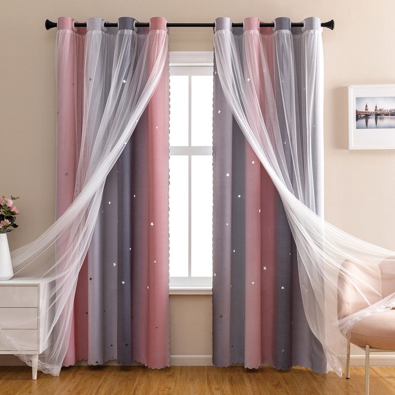 XiDi Pink and Grey Star Blackout Curtains for Kids Rooms Girl Princess Curtain for Daughter Bedroom Window (Pink Grey, W52 X L63) - Image 1