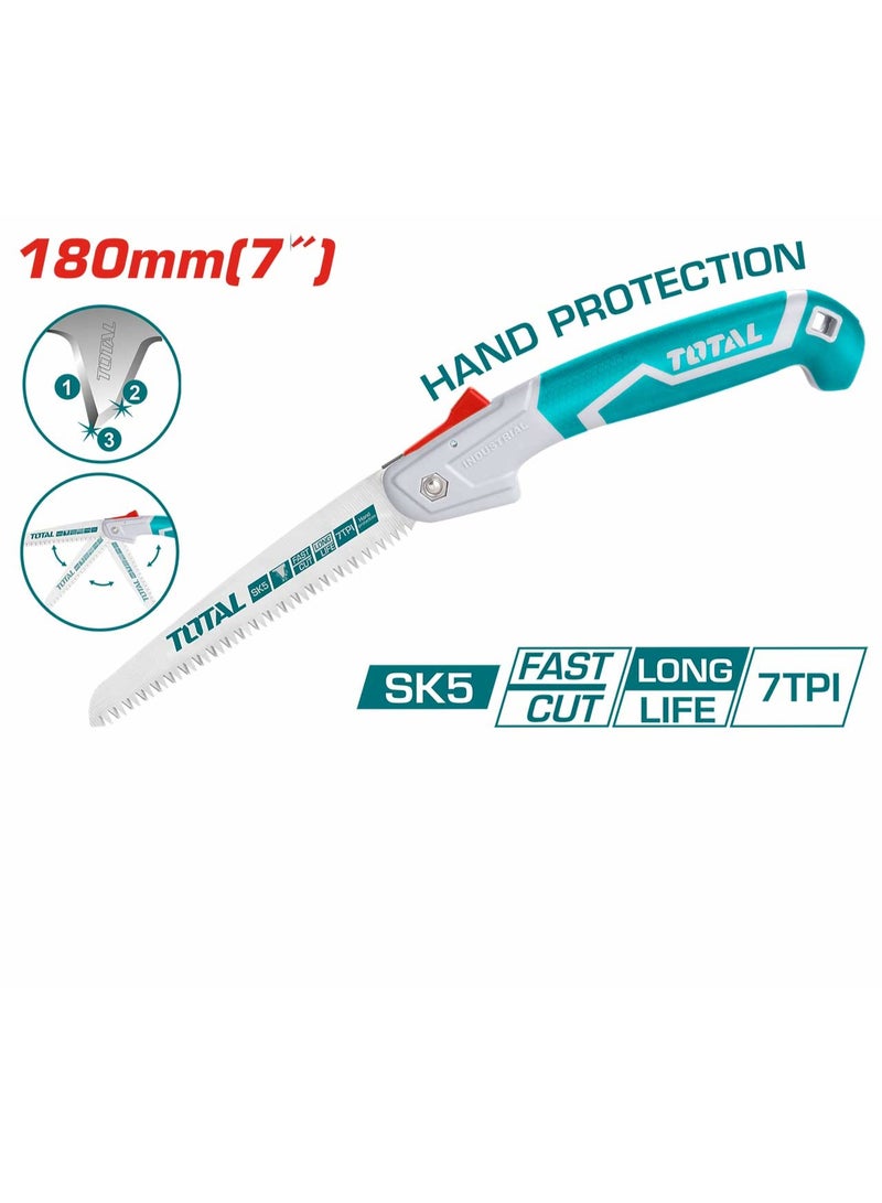 TOTAL Folding Saw 7 Inch 180mm, SK5 Carbon Steel Blade, 7 TPI Triple-Ground Teeth, Foldable Hand Saw, Pruning Saw, Wood Cutting Saw, Garden Saw, Camping Saw, Fast Cutting, THFSW1806 - Image 1