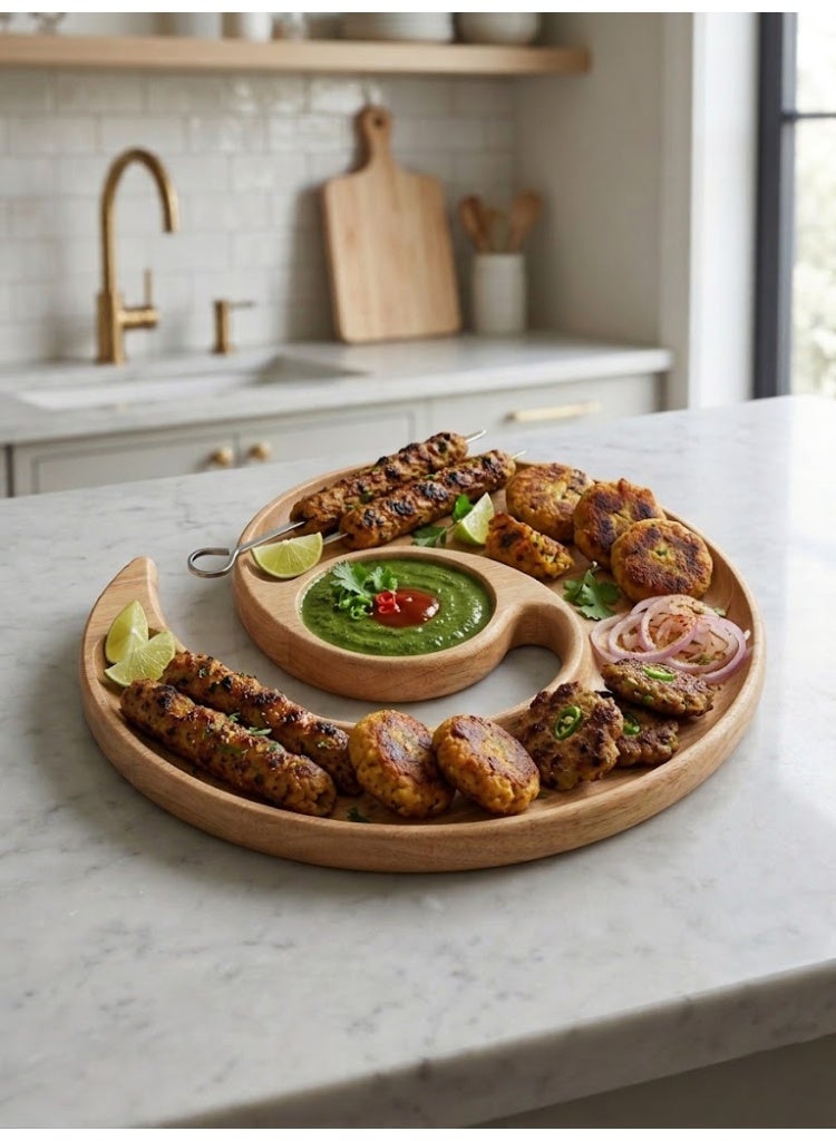 Wooden Spiral Serving Tray with Integrated Dip Bowl - Image 1