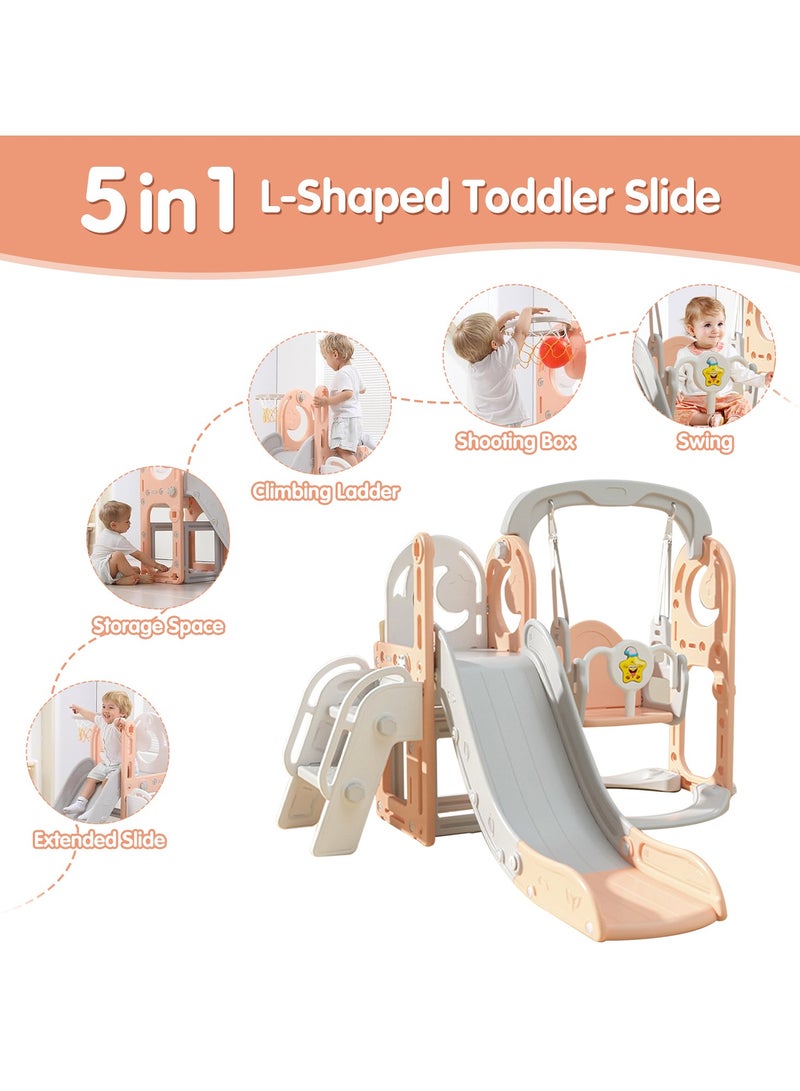 Pokuula Kids Slide & Swing Set 5-in-1 Indoor/Outdoor Playground with Basketball Hoop and Storage Bin- Fun Climber for Toddlers (180x160x115cm) - Image 2