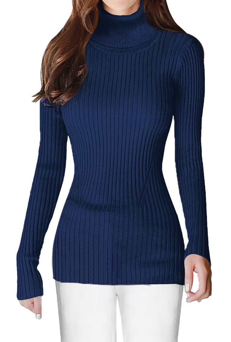 v28 Women Stretchable Turtleneck Knit Long Sleeve Slim Fit Sweater (Large, Navy) - Image 2