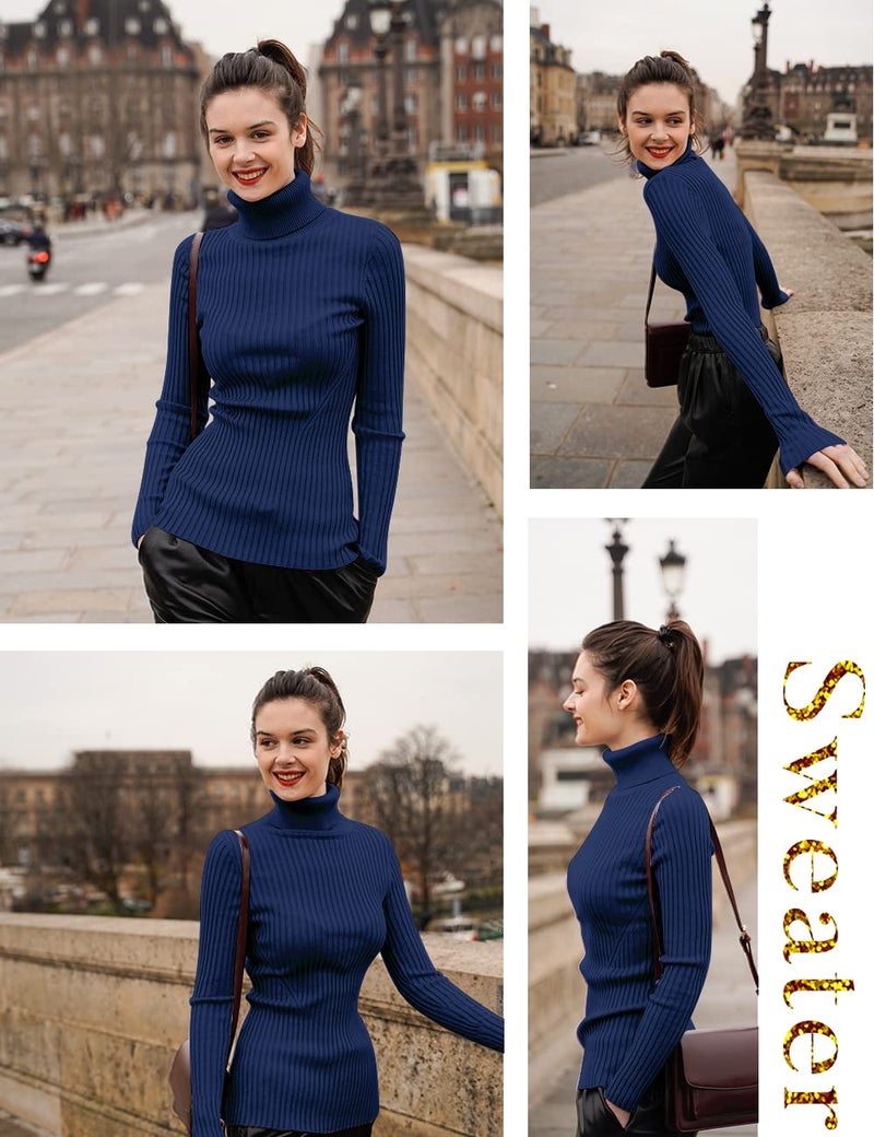 v28 Women Stretchable Turtleneck Knit Long Sleeve Slim Fit Sweater (Large, Navy) - Image 4