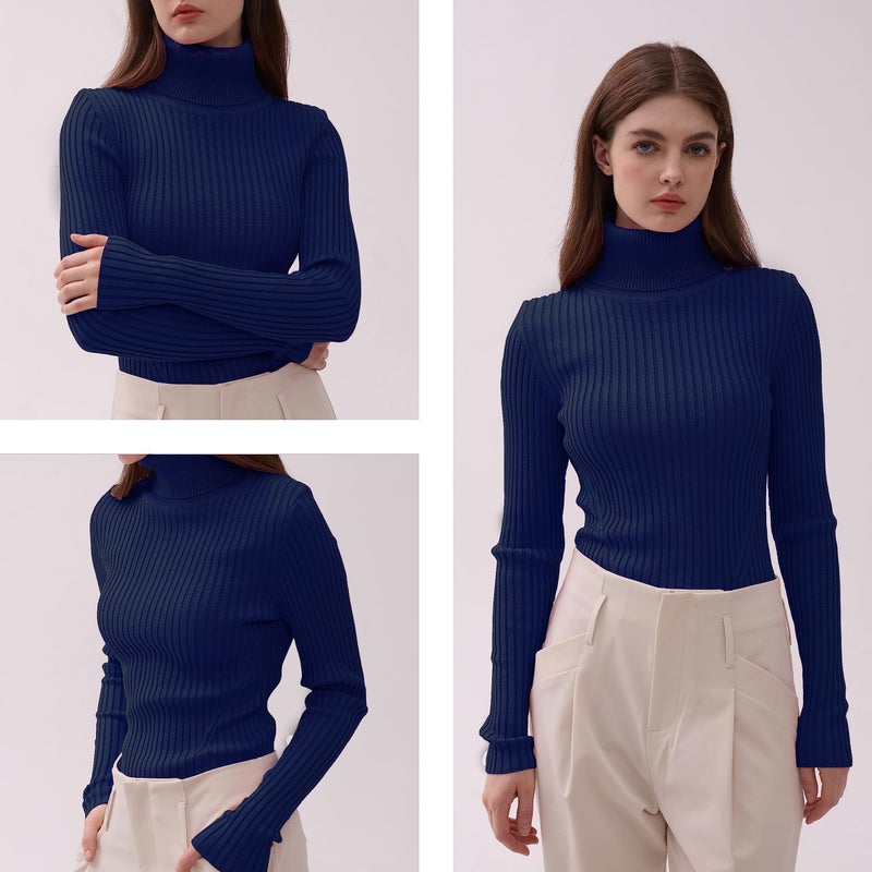v28 Women Stretchable Turtleneck Knit Long Sleeve Slim Fit Sweater (Large, Navy) - Image 5