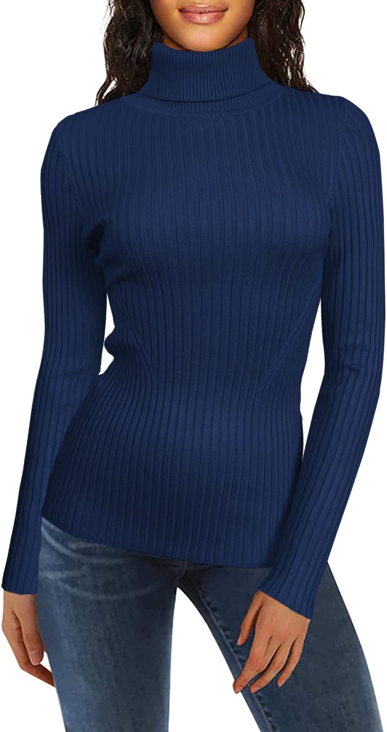 v28 Women Stretchable Turtleneck Knit Long Sleeve Slim Fit Sweater (Large, Navy) - Image 1