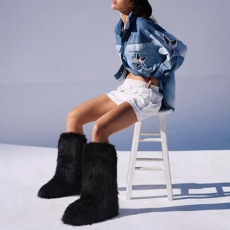 CELNEPHO Black Women's Fur Boot Comfortable Furry Knee High Boots Round Toe Warm Snow Boots Fashion Winter Boots - Image 3