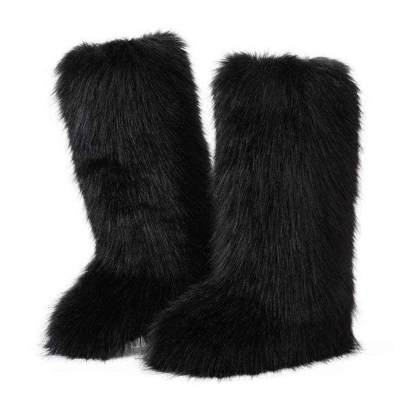CELNEPHO Black Women's Fur Boot Comfortable Furry Knee High Boots Round Toe Warm Snow Boots Fashion Winter Boots - Image 1