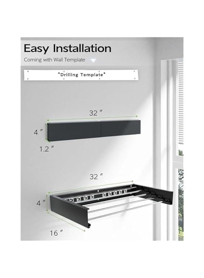 HOOKOR Durku Laundry Drying Rack Collapsible, Wall Mounted, Clothes Drying Rack, 31.5 Wide, 13.2 Linear Ft, 5 Aluminum Rods, 60 lb Capacity, Laundry Racks for Drying Clothes with Wall Template (Black) - Image 2