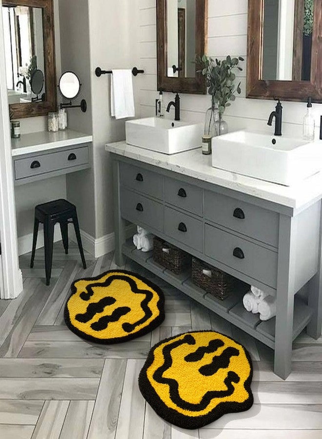 Estmy Trippy Happy Face 2ft Round Bathroom Rugs Yellow/Black Non Slip Rubber Backed Washable, Groovy Aesthetic Abstract Hippie Retro Funny Cute Cool Soft Plush Absorbent Bath Mat Shower Floor Rug - Image 3
