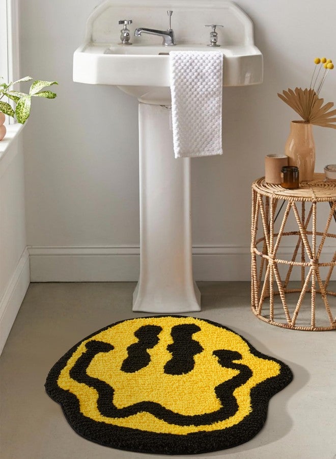 Estmy Trippy Happy Face 2ft Round Bathroom Rugs Yellow/Black Non Slip Rubber Backed Washable, Groovy Aesthetic Abstract Hippie Retro Funny Cute Cool Soft Plush Absorbent Bath Mat Shower Floor Rug - Image 1