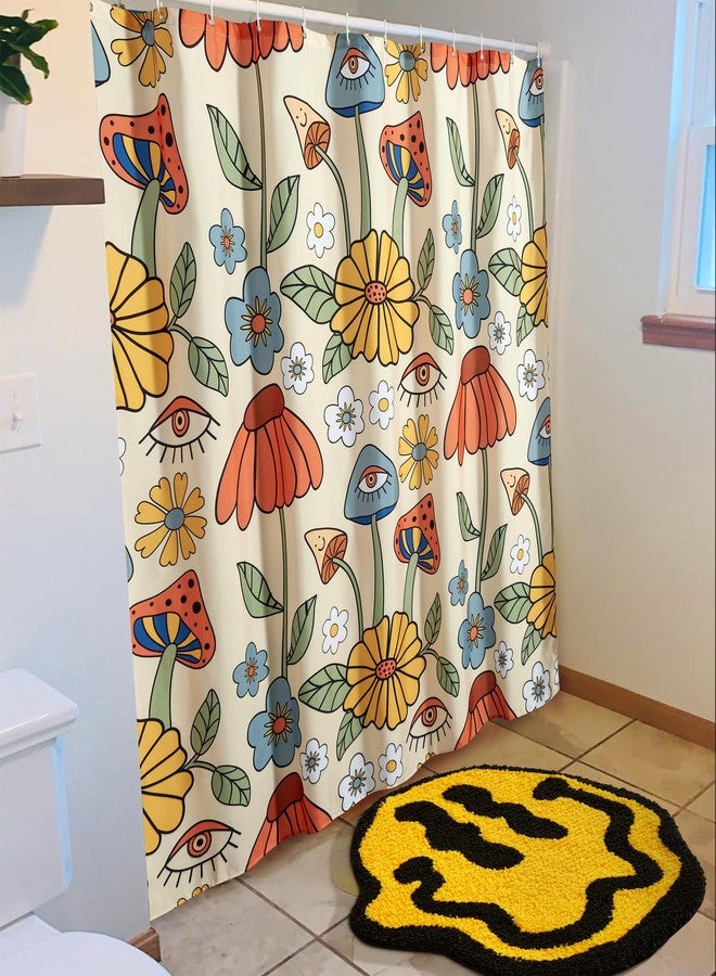 Estmy Trippy Happy Face 2ft Round Bathroom Rugs Yellow/Black Non Slip Rubber Backed Washable, Groovy Aesthetic Abstract Hippie Retro Funny Cute Cool Soft Plush Absorbent Bath Mat Shower Floor Rug - Image 2