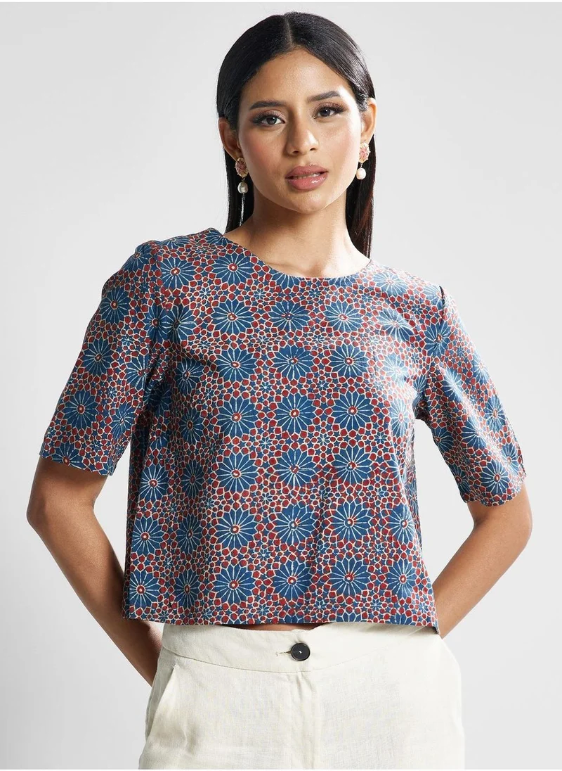 Fabindia Crew Neck Floral Print Top